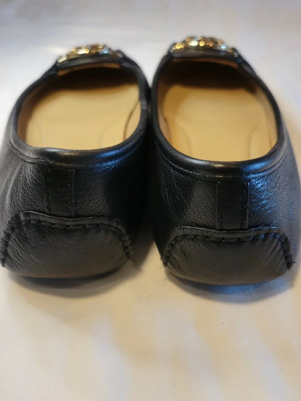 Michael Kors Black Leather Ballet Flats Gold MK Logo Loafers 7M